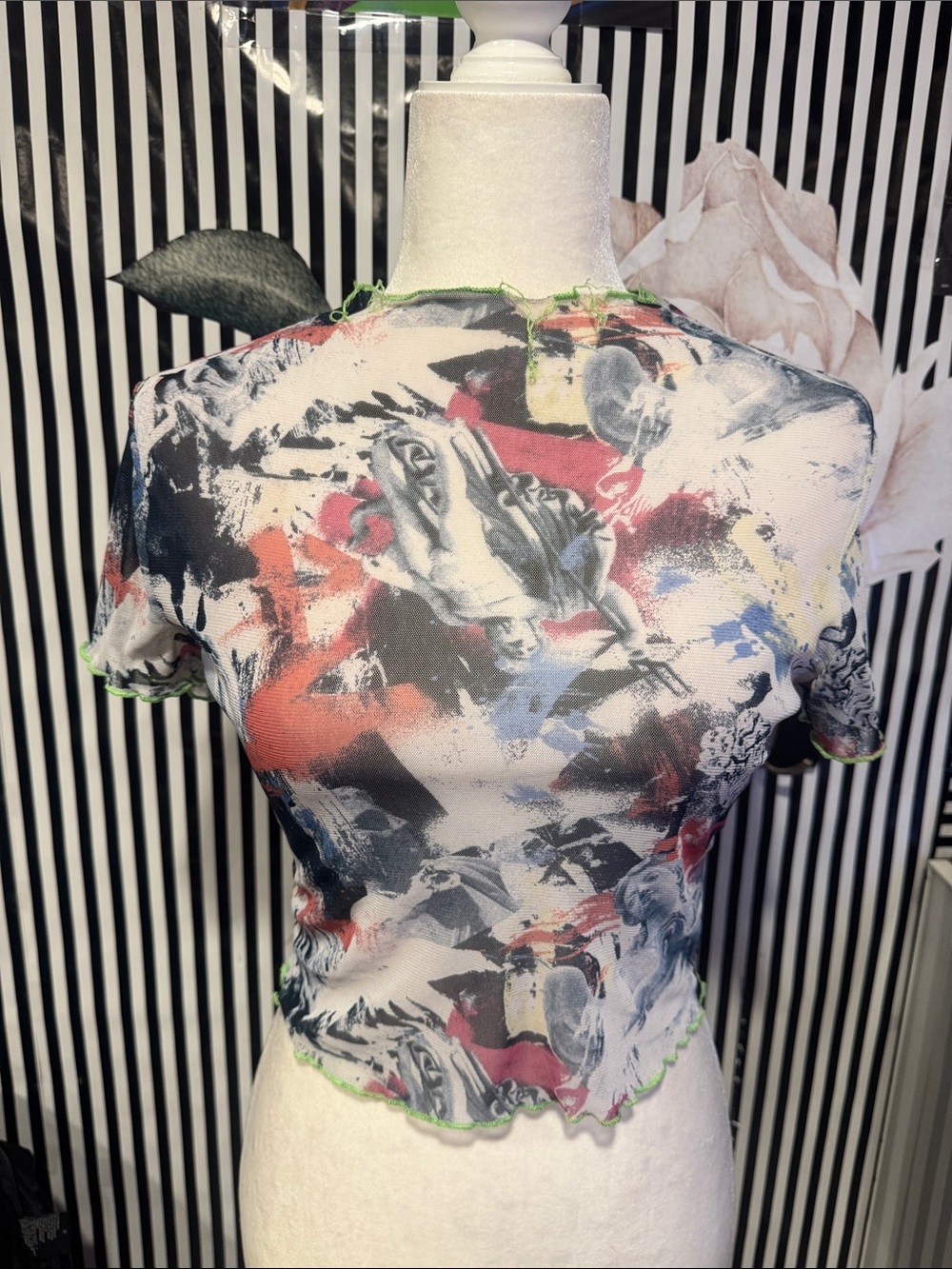 A3 Design Y2K Sheer Mesh Baby Tee Abstract Graphic Top Neon Lettuce Hem